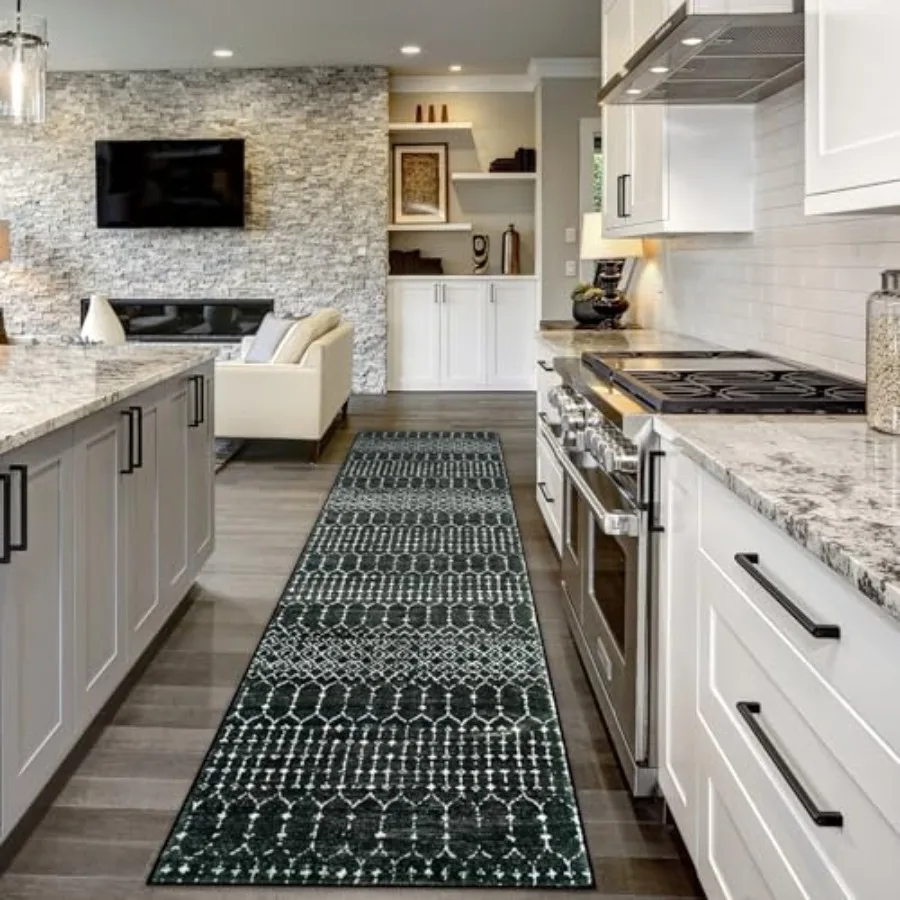 

Moroccan Black Rug 2x8 Washable Non-Skid Kitchen Floor Runner Low-Profile Non Slip Geometric Print Distressed Entryway Runner f