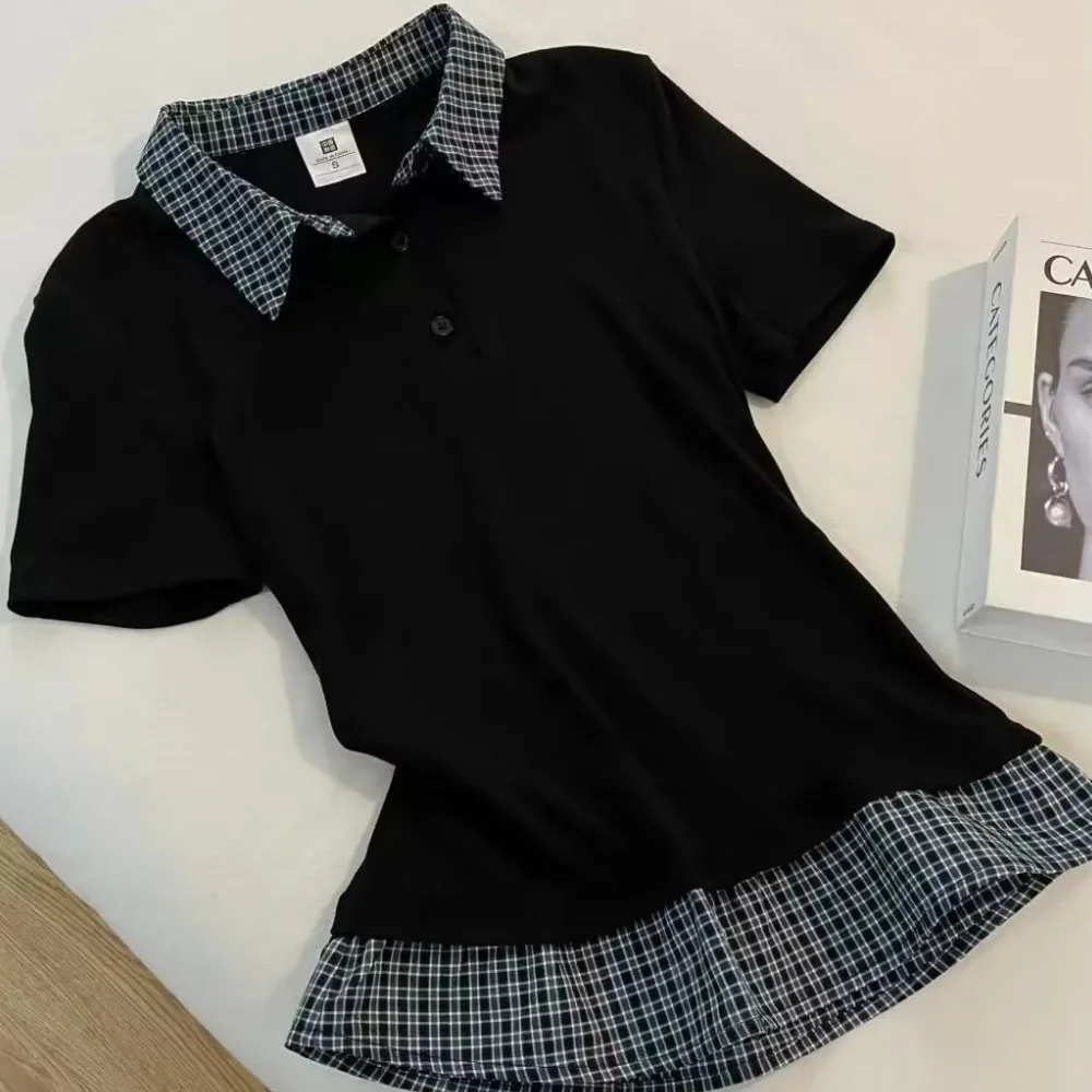 Vintage Revers-T-Shirt mit Fake-Zweiteiler-Effekt, Kurzarm-Shirts im Modischen College-Stil, Polo-Kragen Uniform-T-Shirt, Patchwork Slim Top