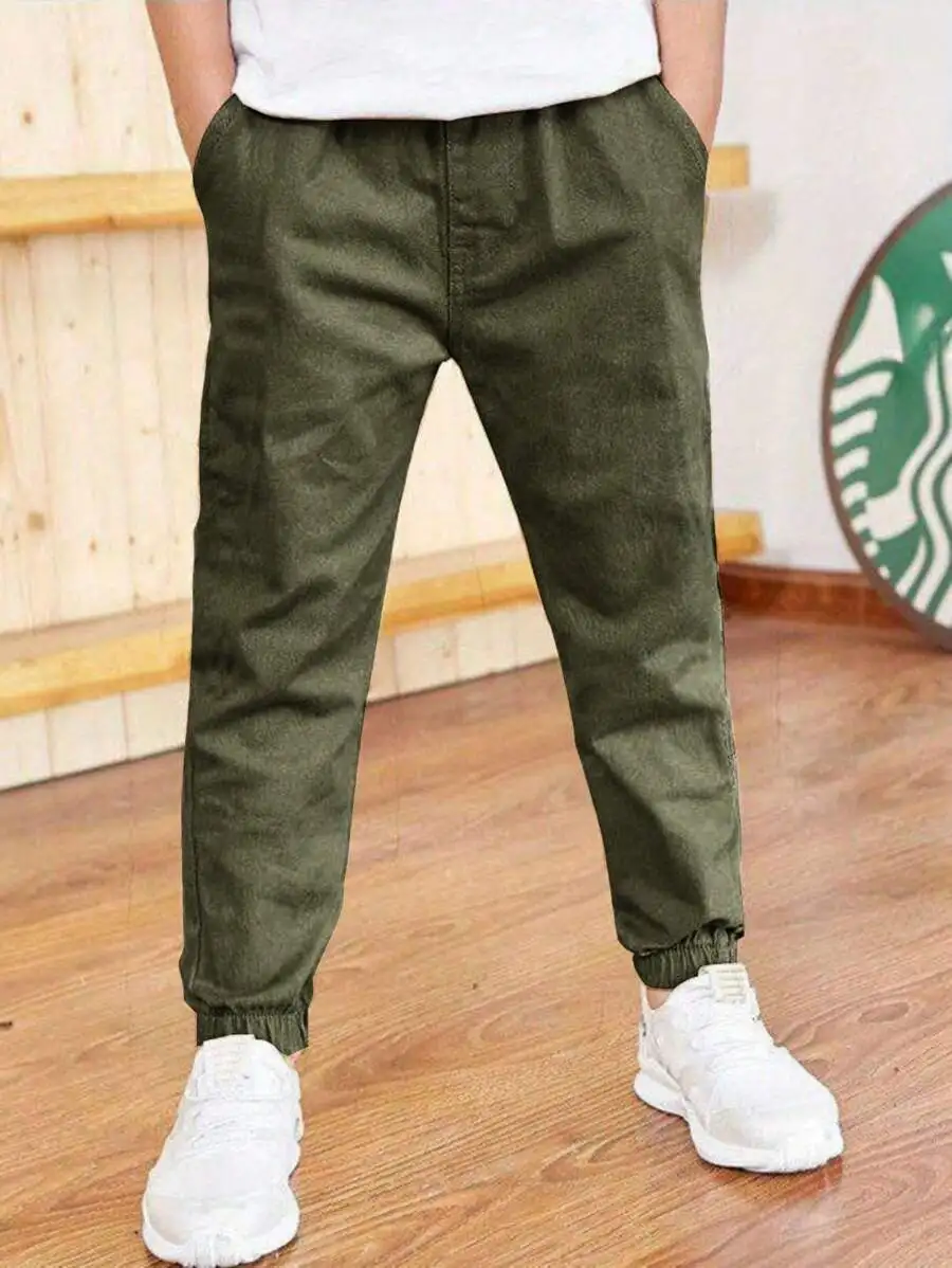 

Olive Green Casual Jogger Pants for Boys, Elastic Cuff, Spring Summer Autumn