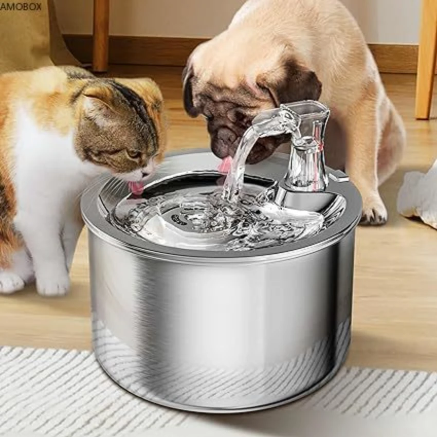 AMOBOX-Cat Water Fountain with Filters for Pets,Stainless Steel,Ultra Quiet Dog Water Bowl, Indoor Pet Water Dispenser, 68oz/ 2L