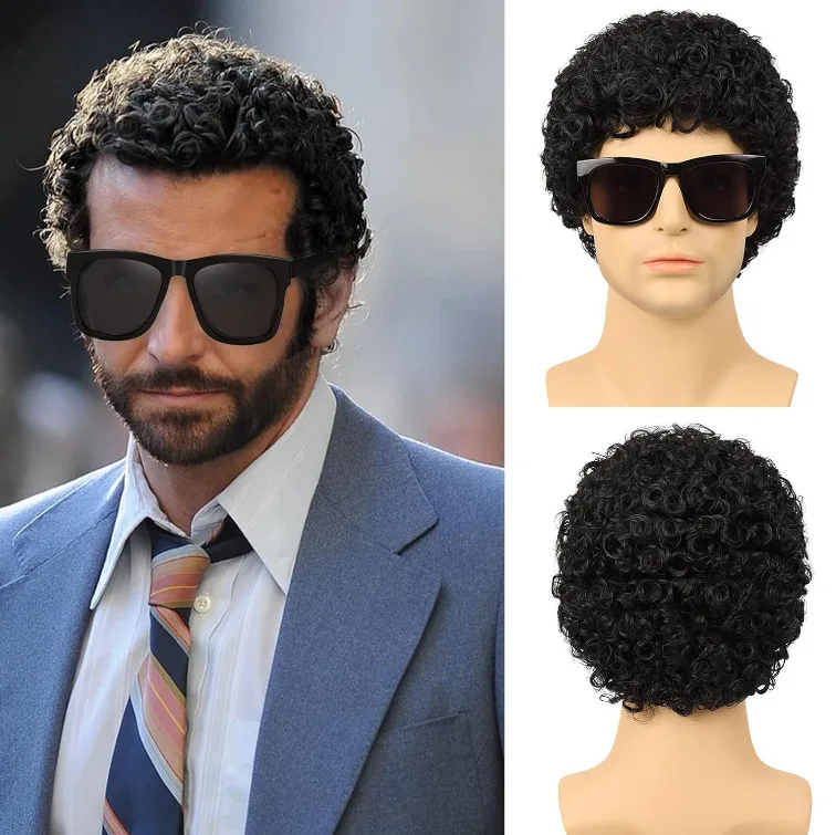 

African curly wig men, synthetic short hair, heat-resistant, rose net full headpiece, black brown full head cover for daily wear