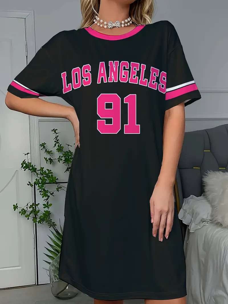 여름 여성 티셔츠 드레스 플러스 사이즈 캐주얼 로스 앤젤레스 NO.91 프린트 레이디 반팔 풀오버 드레스 여성 의류