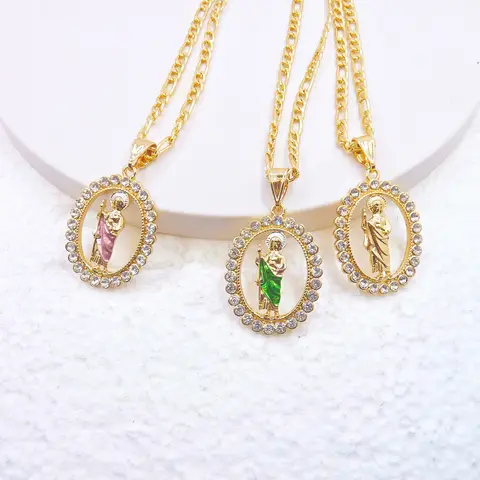 Christian Gifts St. Jude Shining Rhinestone Oval Pendant 14k Gold Plated Chain Necklace Religious Jewelry