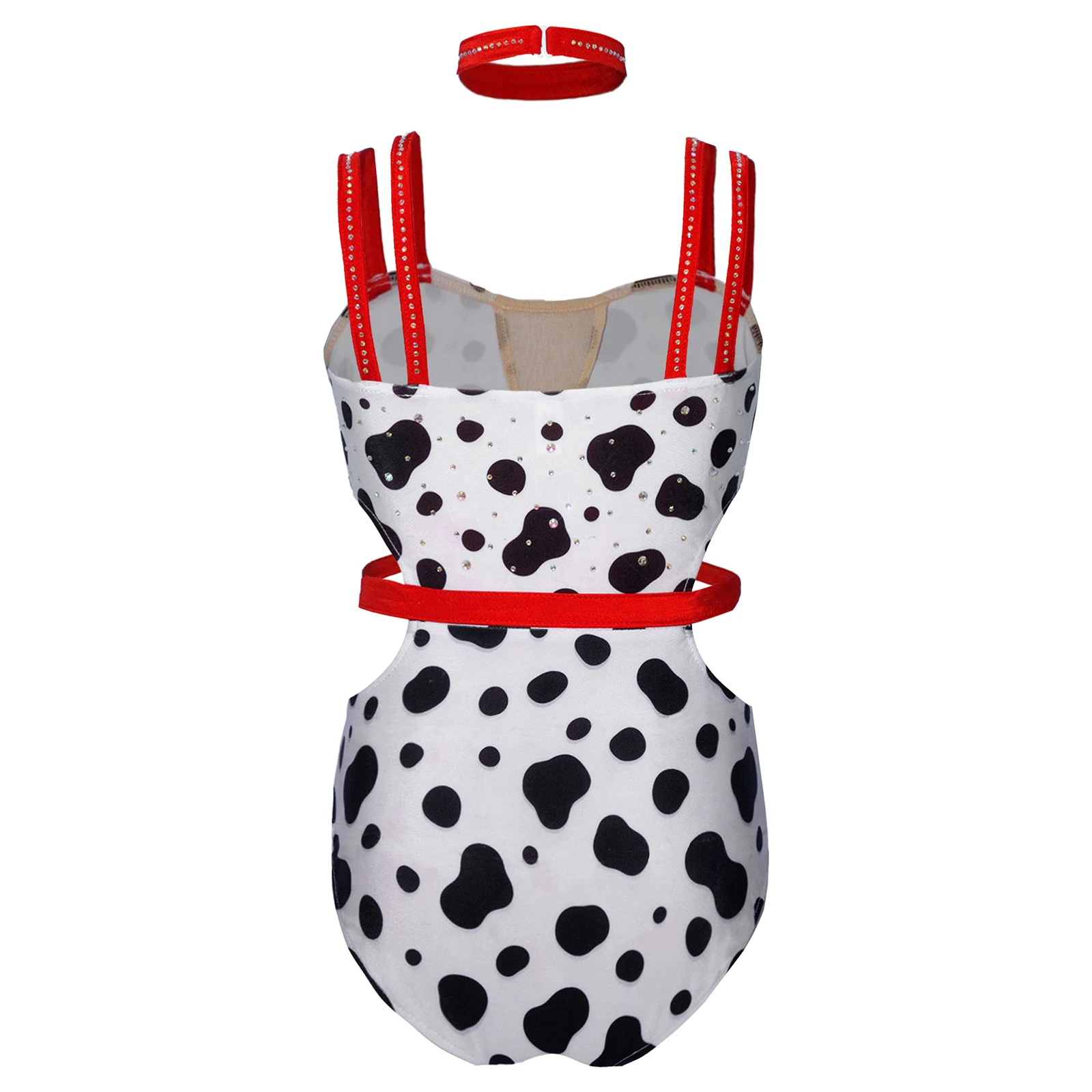

Kids Dalmatian Costumes Girls Spotted Print Ballet Dance Unitard Jumpsuit Rhinestones Waist Cutout Gymnastics Leotard +Necklace