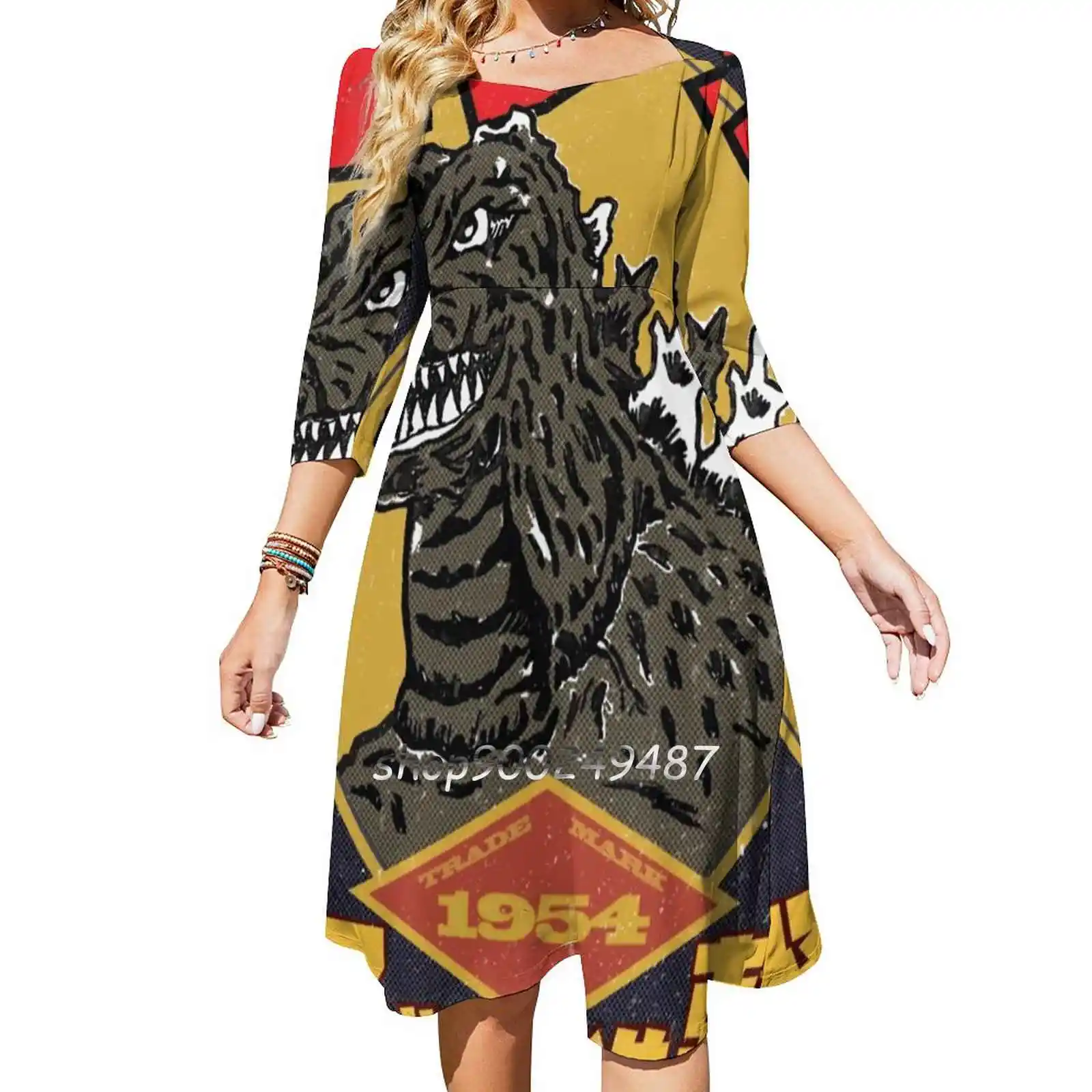 King Of Monsters Square Neck Dress New Plus Size Elegant Women Waist Tight Dress Monster Anime Asia Japan Kaiju Popculture