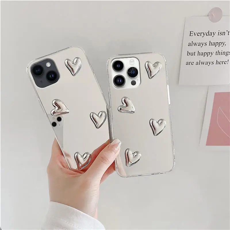 For Iphone 15 Pro Max 14 Plus 11 12 13 Mini XS XR X 8 7 SE Glossy 3D Love Heart Mirror Phone Case Iphone15 Cover 15Pro Iphone11