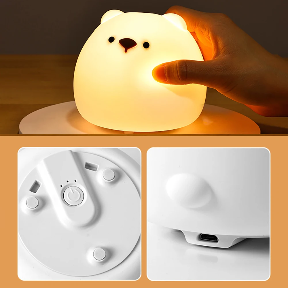 LED Night Light Silicone Patting Lamp, Decoração de cabeceira do quarto, Carregamento dos desenhos animados Little Bear, Lâmpadas para dormir para crianças, Presente do Valentim do bebê