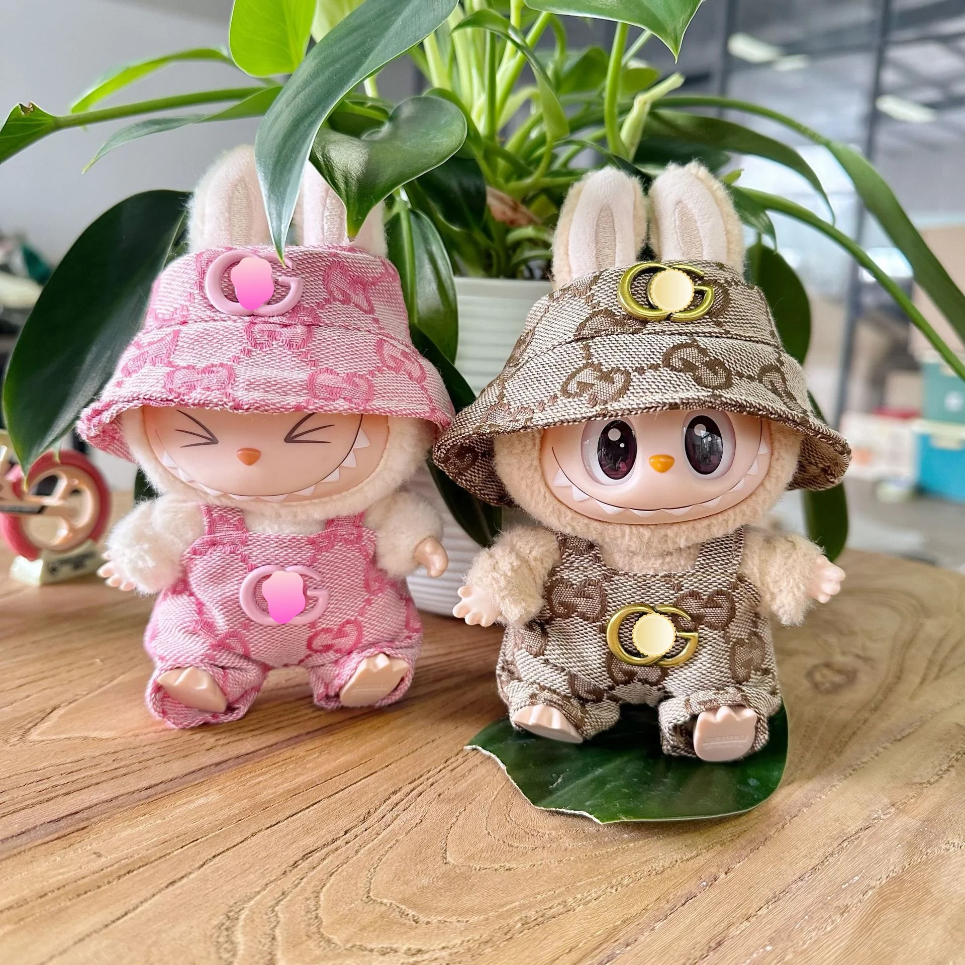 【Only clothes]Cute GG 17cm Labubu V1/V2 Doll Clothes Set with Fisherman Hat and Strap Pants for Labubu Gift Handmade Custom