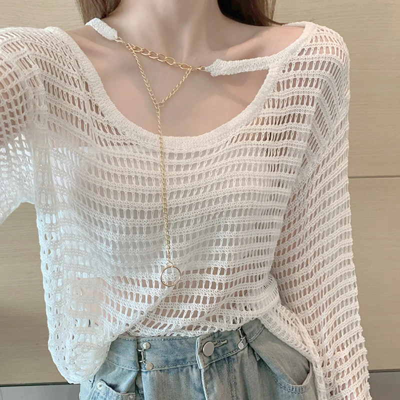 

Sexy Hollow out Knitted Cover up Top Women's Thin Design Spring Autumn New Fashionable V-Neck Long Sleeve Loose Fit Blouse