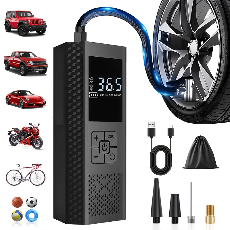 Portable Tire Inflator Air Compressor, 150Psi Car Tire Pump with Auto Shut-Off Function, Tire Pressure Gauge, Led Display, One-Touch Smart Cordless Tire Pump, Suitable for Cars, Motorcycles, Bicycles, and Balls