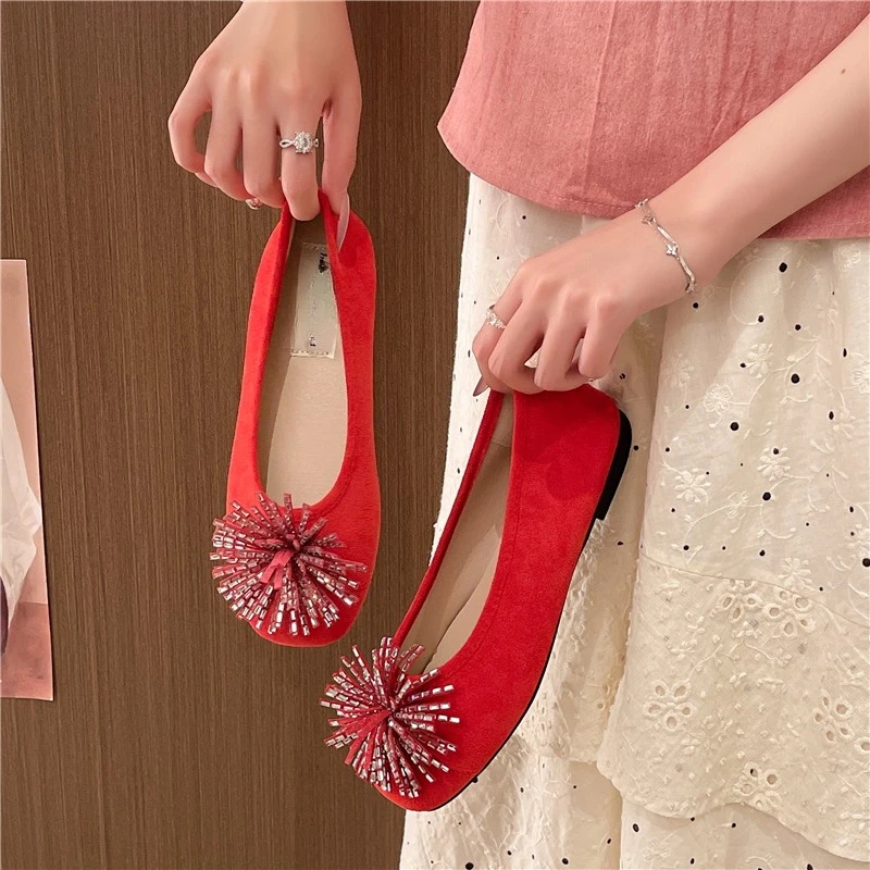 Low Heel Single Shoes Summer New Square Toe Shallow Mouth Rhinestone Flower Soft Sole Non-slip Low-top Shoes - view 5