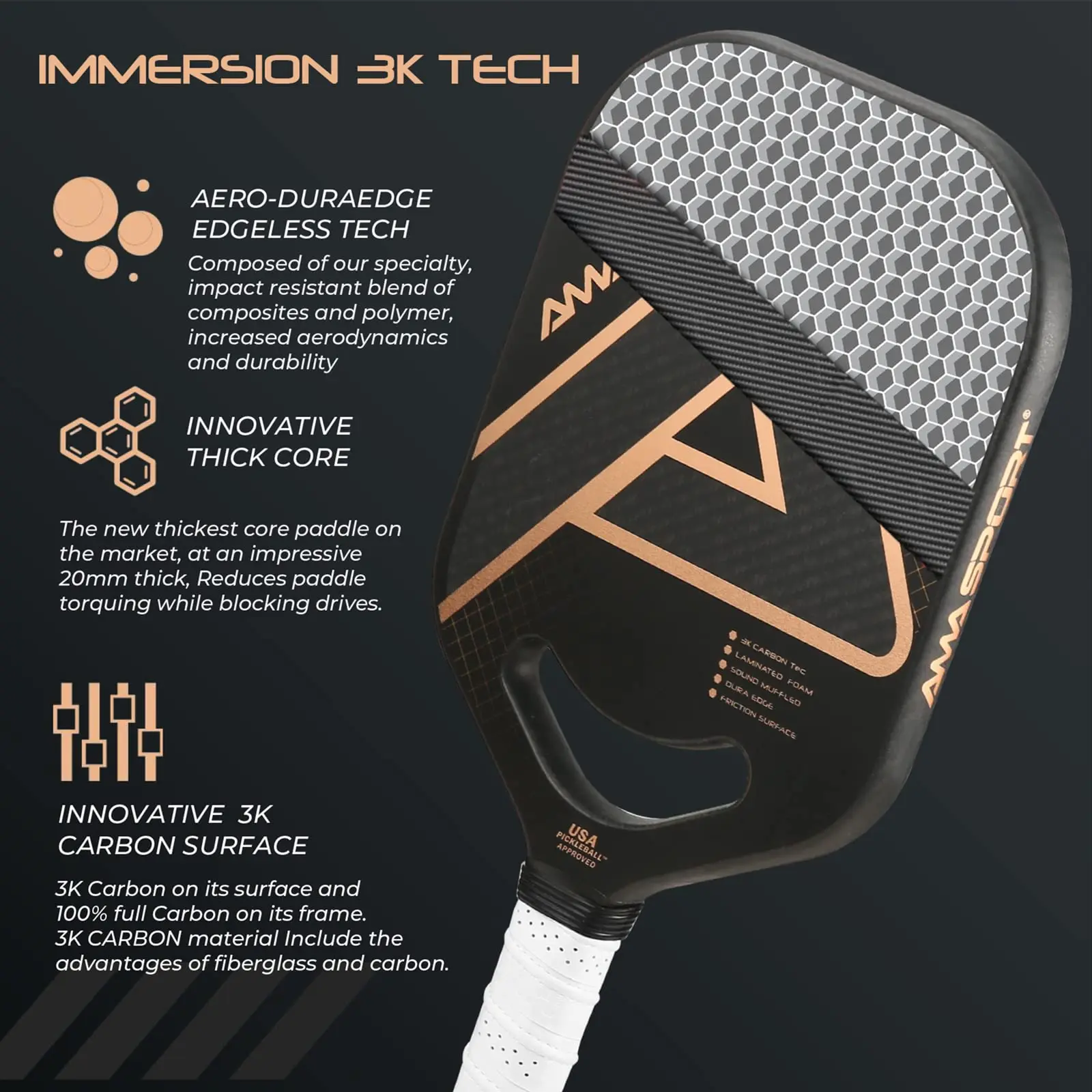 AMASPORT Pickleball Paddle with Maximum Spin USAPA Approved 3K Carbon Pickleball Paddles 20mm Thick Core Pickle ball Racket