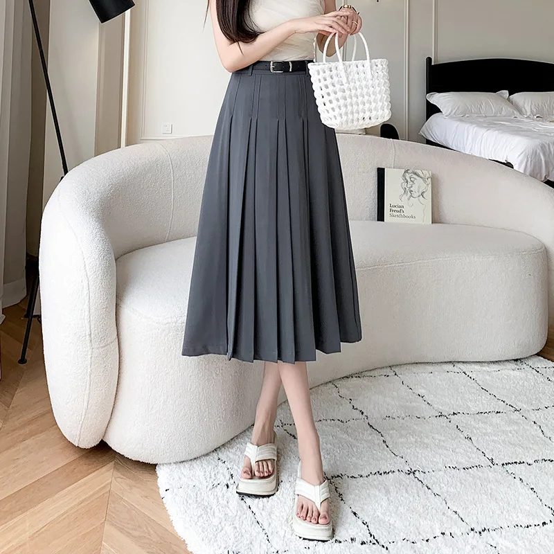 New Spring Autumn High Waist Midi Pleated Skirts Womens Fashion A-line Casual Suit Skirt Ladies Elegant Vintage Umbrella Skirt