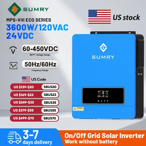 SUMRY Solar Inverter 3.6KW 24V 120V Pure Sine Wave on/Off Grid Inverter MPPT 110A Controller Charger 120A Home Use