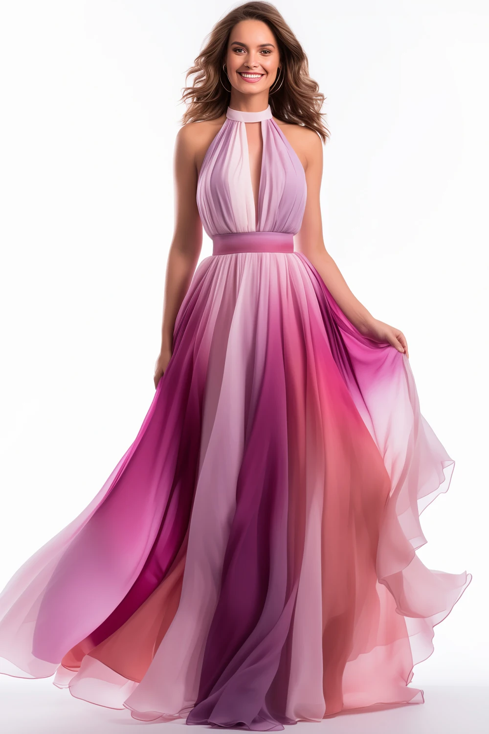 

Women's Wedding Guest Dress Pink Chiffon Halter Collar Sleeveless Gradient Print Maxi Dress