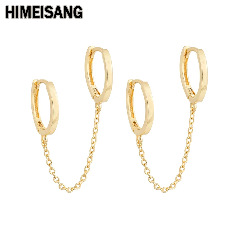 HIMEISANG Double Hoop Earrings for Women Silver Gold Filled Tassel Chain Piercing Huggie Golden Earrings 2022 Jewelry Wholesale