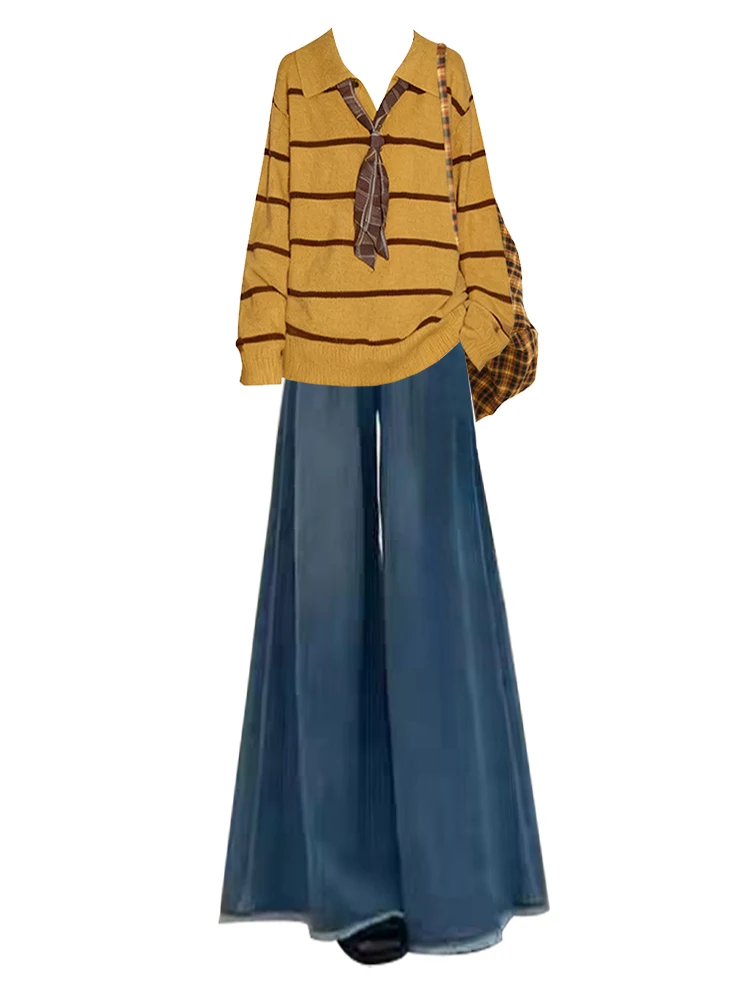Faionable Winter Outfit Women's Striped Knit Sweater Wide Leg Jeans Set Commute Friendly Sle Long Sve Long Pants