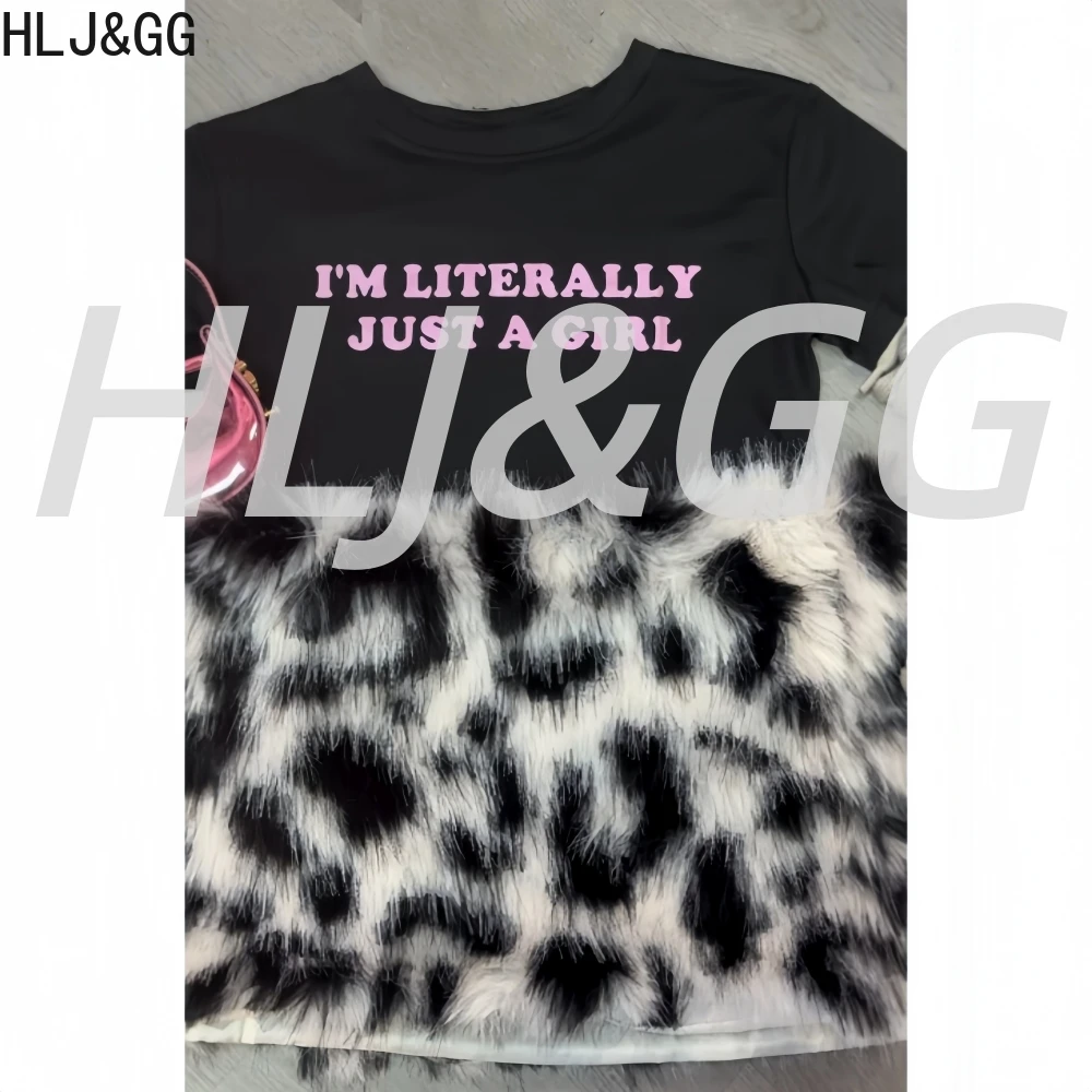 طقم مكون من قطعتين مطبوع عليه حروف Y2K من HLJ&GG تريند للسيدات برقبة دائرية وأكمام قصيرة وتنانير قصيرة من فراء الفهد ملابس خروج