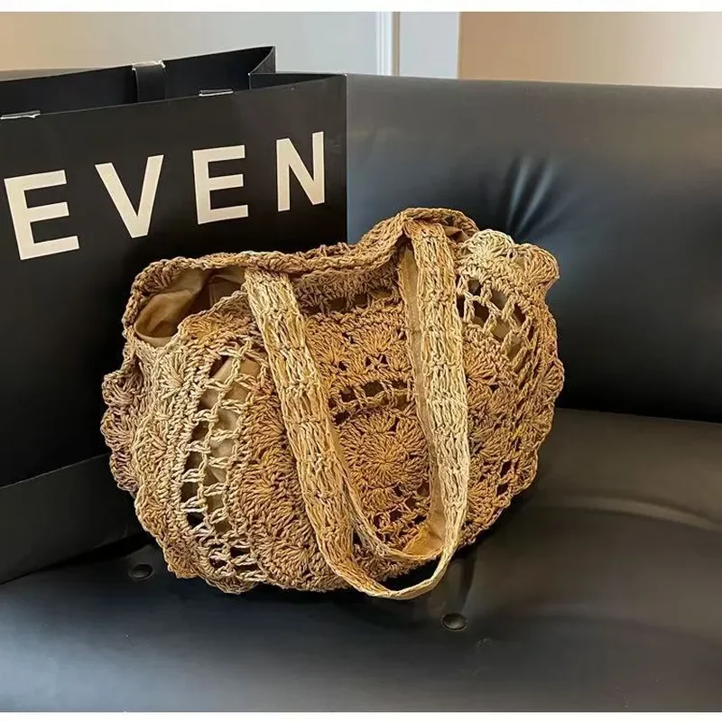 Hand-woven paper rope tote bag with floral pattern large capacity beach shoulder bag for women seaside vacation view 4