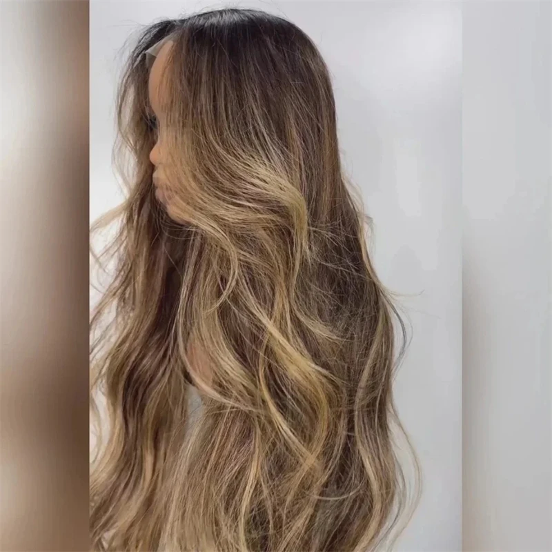 شعر مستعار طويل للغاية مموج أومبير سمراء بني يسلط الضوء على Balayage الاصطناعية HD الدانتيل شعر مستعار أمامي خط الشعر مع شعر الطفل #3