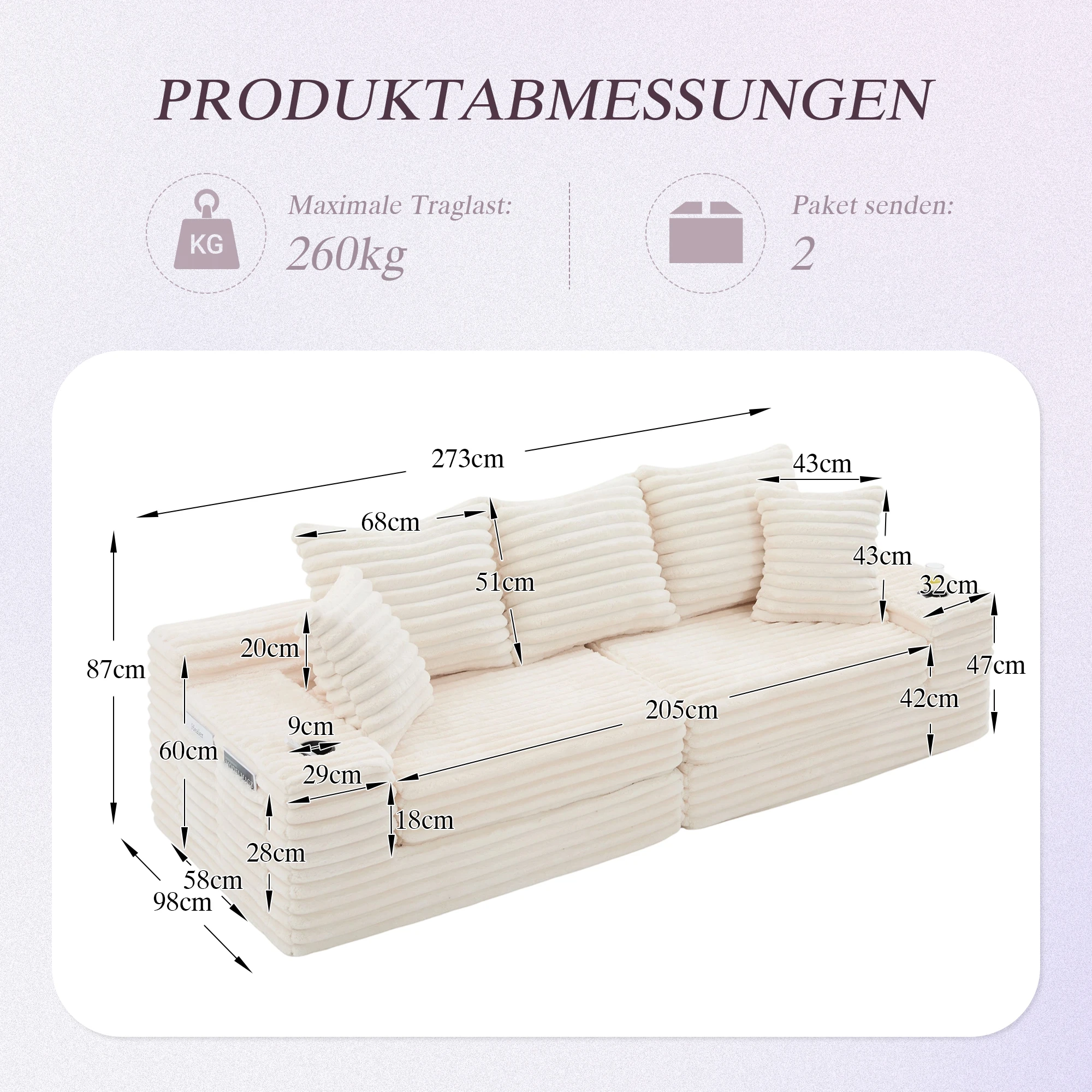LVHOM 4-Sitzer Cordsofa mit Chaiselongue, Kissenrücken, Eckigen Armlehnen, Getränkehaltern & Seitentaschen für Wohnzimmer – Detail 9