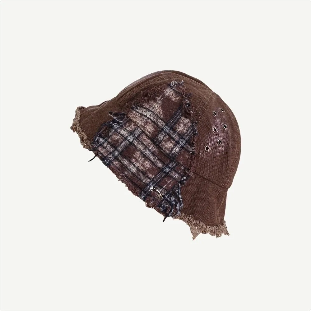 

Vintage Japanese Plaid Bucket Hat Beggar Style Splicing Retro Fisherman Hat Bule Patched Sun Protection Basin Cap Unisex