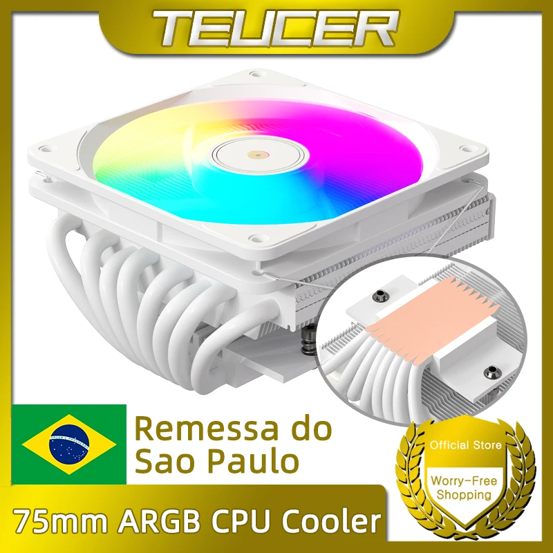 CPU cooler Teucer UT-75 ARGB Low profile 8 heatpipes (branco e preto)