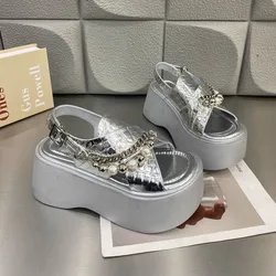 2024 Female Pearl Cross Strap Open Toe Sandalias Woman Thick Bottom Lightweight Casual Women Versatile Roman Beach Shoes Heels