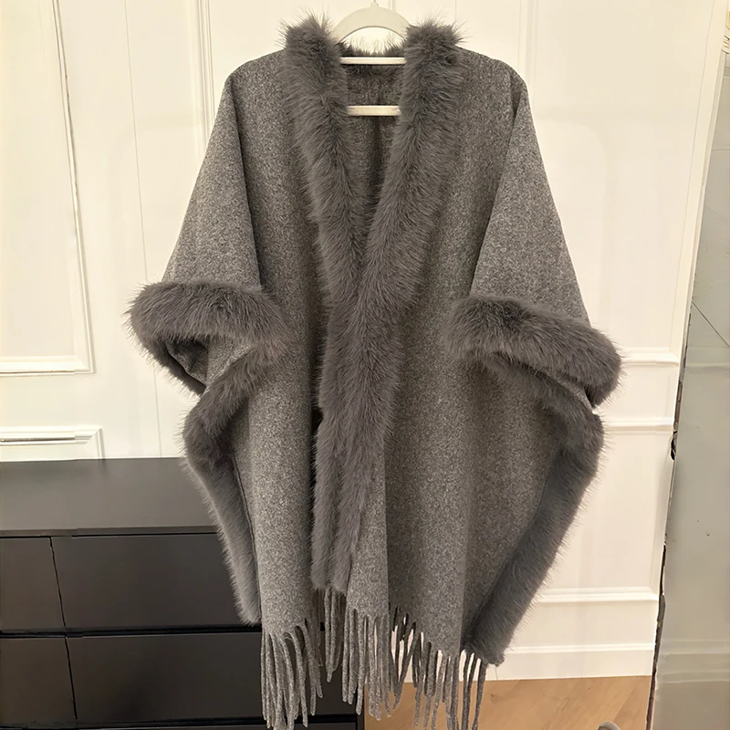 

Fashion Faux Fox Fur Trims Wool Blend Cape Coat Long Poncho Women Autumn Winter Wraps Travel Party Leisure Cloak