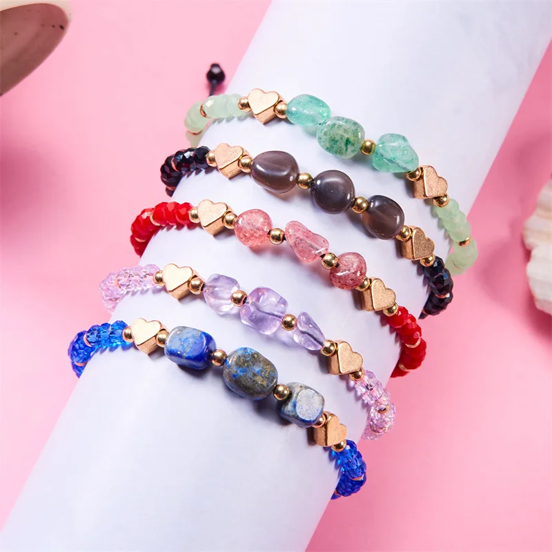 Meetvii New Handwoven Crystal Beads Bracelets for Women Boho Irregular Crushed Stone Heart Charm Mixed Bracelets Jewelry Gift