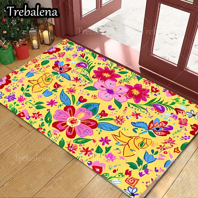 

1pc Welcome Door Mat Bright Floral Pattern Yellow Background Door Mat For Home Decor
