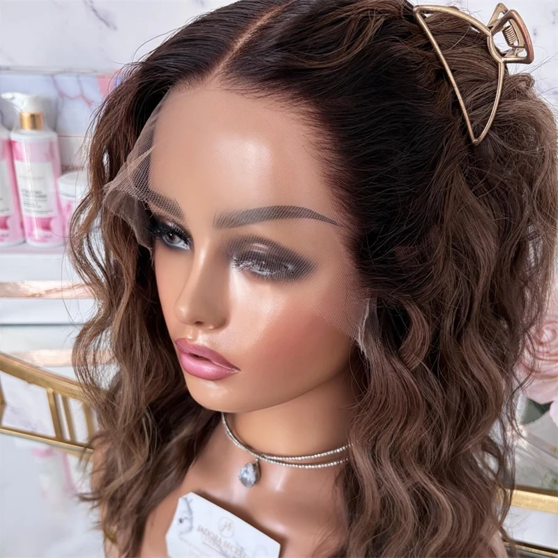 

Короткий парик-боб с водной волной, омбре, каштаново-коричневый с мелированием, с синтетической термостойкой основой из кружева, без клея, с предварительно выщипанной линией роста волос