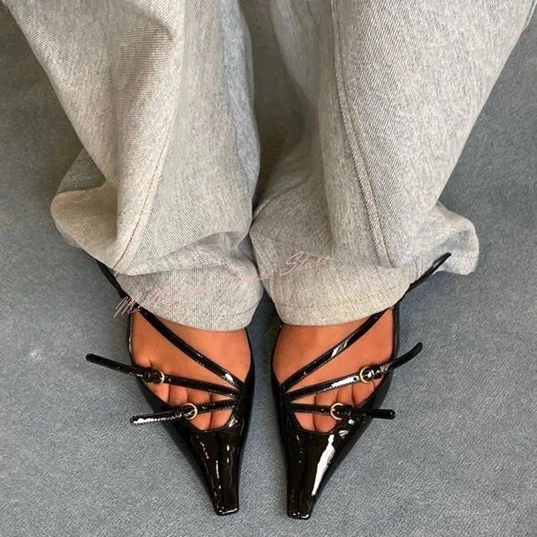 Strappy Buckles Sandals Pointy Toe Shiny Leather Stiletto Heels Women Sexy Shoes Summer Runway Sandals Solid Designer Party Shoe
