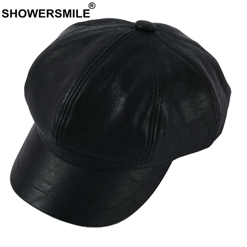 

SHOWERSMILE Black Leather Newsboy Cap Vintage Hat for Women Solid Flat Caps Beret Ladies Brand New Arrival Ivy Spitfire Cap