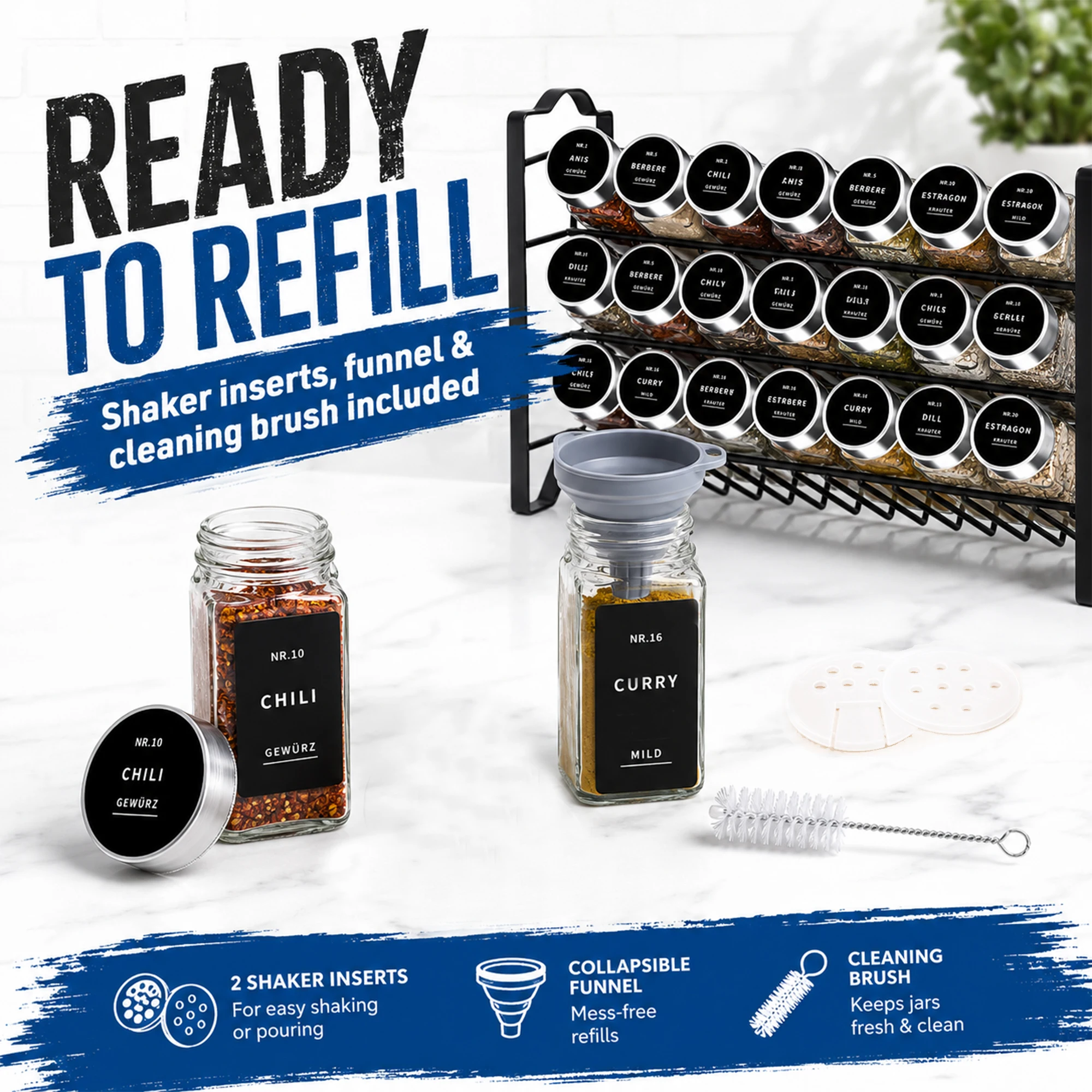 Saeiv 24-teiliges Gewürzgläser-Set mit Gewürzregal, 120-ml-Gewürzgläser, mit Streuer und Etikettiertrichter, Installationszubehör, Gewürzaufbewahrungsbox, geeignet für Küchenarbeitsplatten und Wände