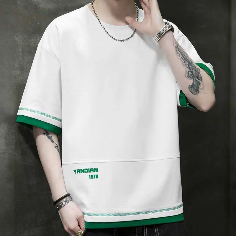 Fashion O-Neck Spliced Printed Fake Two Pieces T-Shirts Men's Clothing 2024 Summer New Loose All-match Tops Casual Tee Shirt