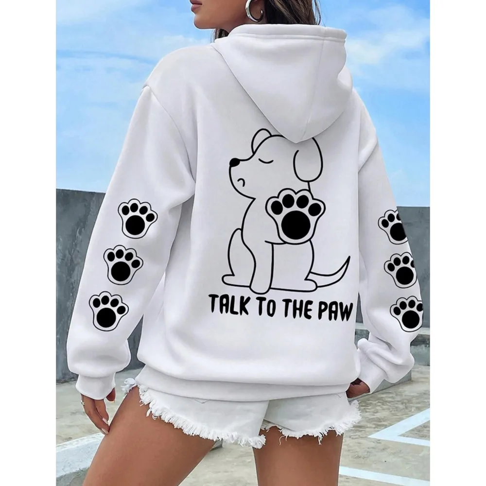 Talk To The Paw Funny Dog Cartoon Print Hoodie Women Warm Fleece Hoody Fashion Casual Hooded Autumn Loose Round Neck Woman Tops