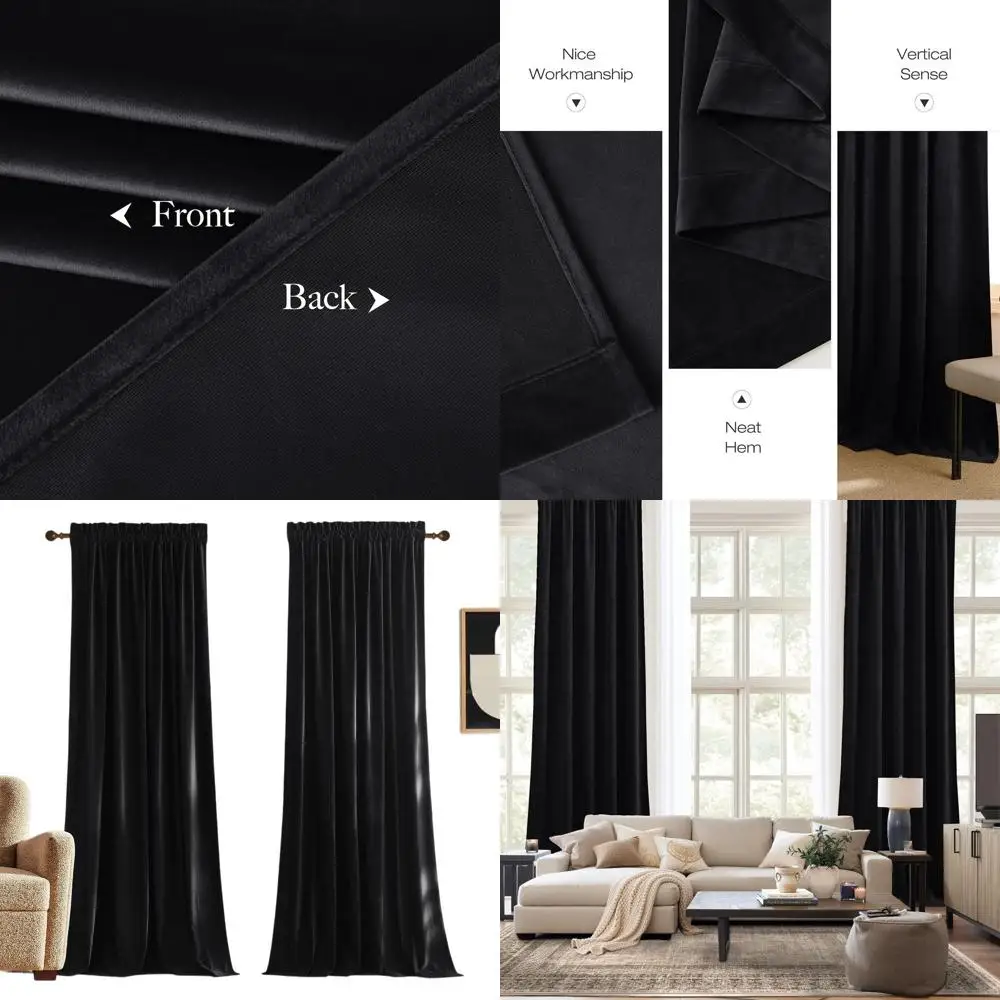 

Black Blackout Extra Long Velvet Curtains 120 inches Long for Backdrops, Thermal Insulated Noise Reducing Velvet Drapes for Film