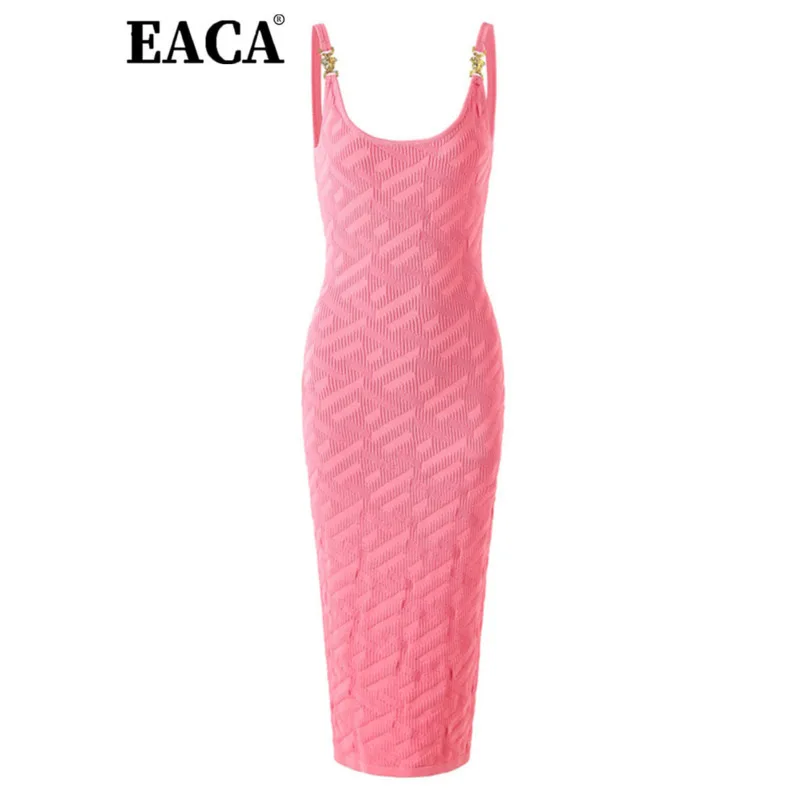 

EACA Pink Halter Dress Metal Button-down Knitted Skirt Waist Slimming Jacquard Skirt 2025 Design New Solid Color Fashion