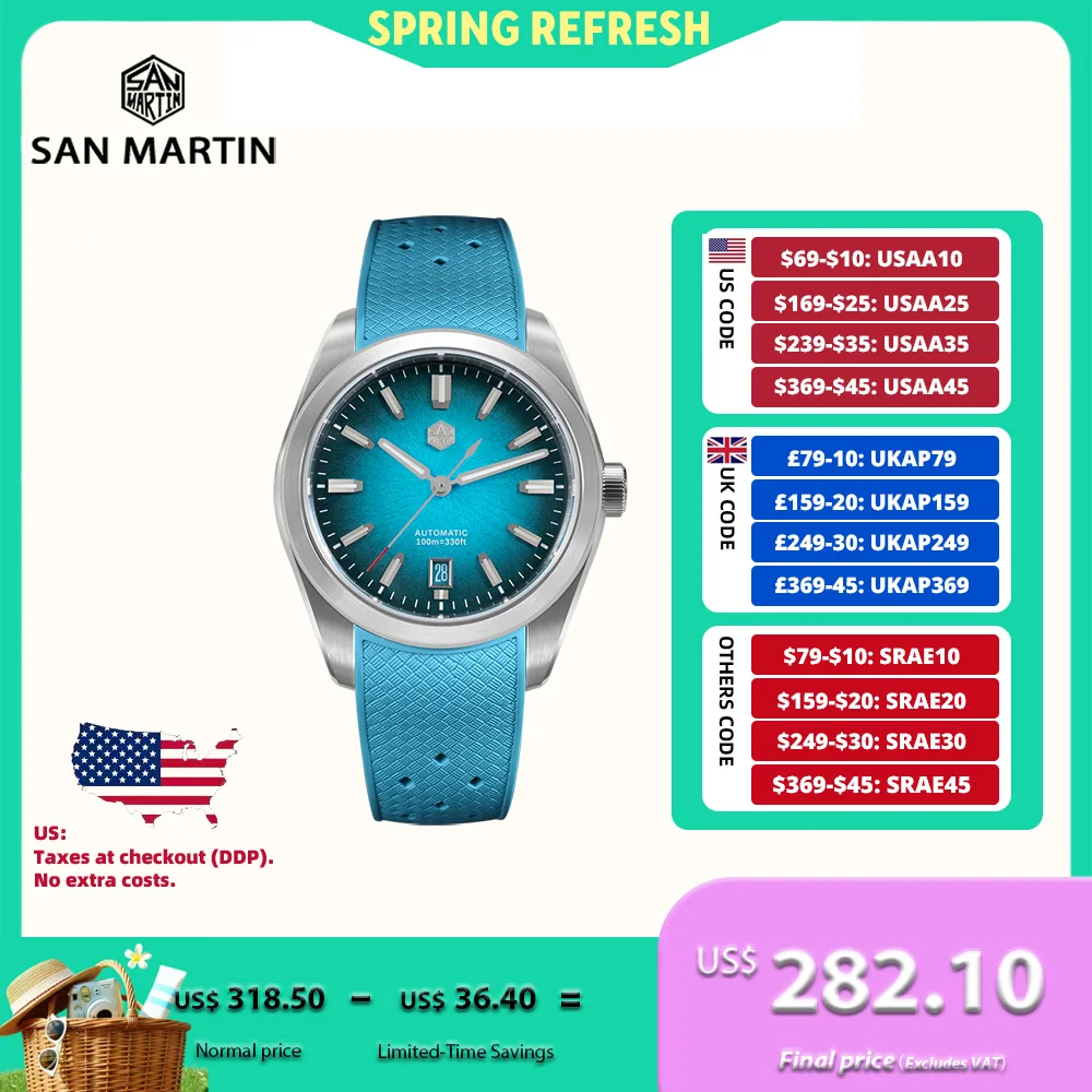 

San Martin 36/39/42mm JianZhan Inspired Design Men Dress Watch 9015 Curved FKM Rubber Strap Sapphire Reloj Luminous SN0144GS/X/L