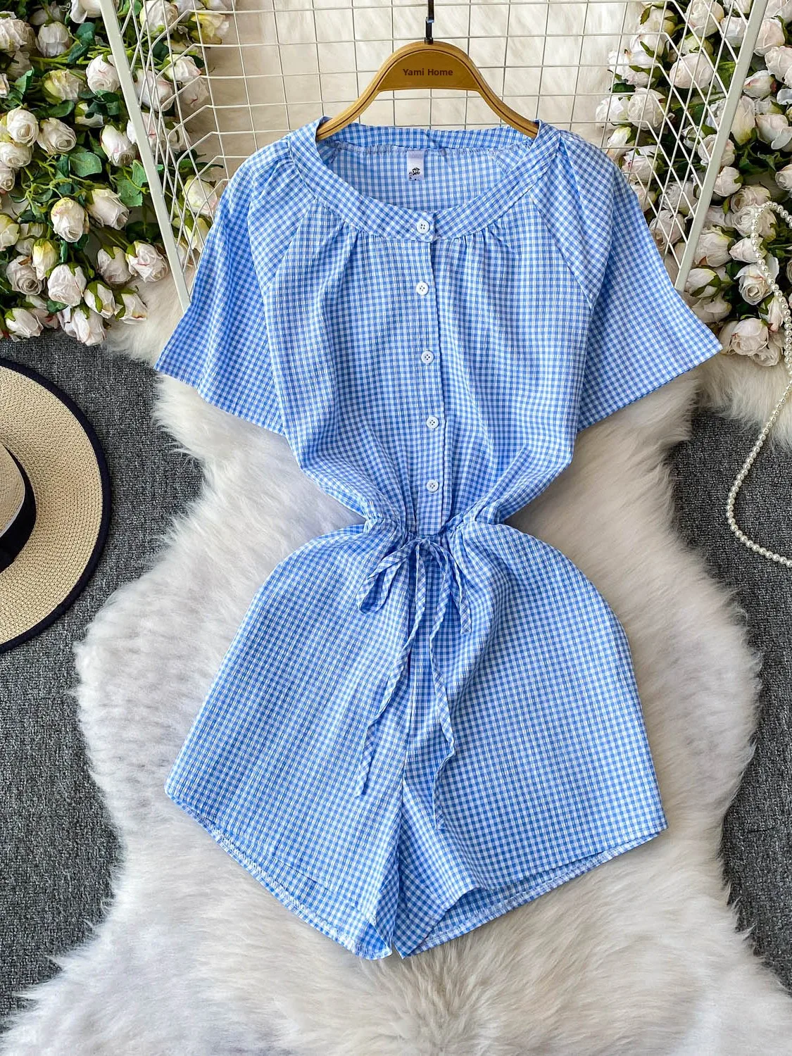 Vestido Ajustado a Cuadros con Cuello Redondo y Cordón, Diseño de Verano para Mujer, Plones Anchos de Cintura Alta, Corto...