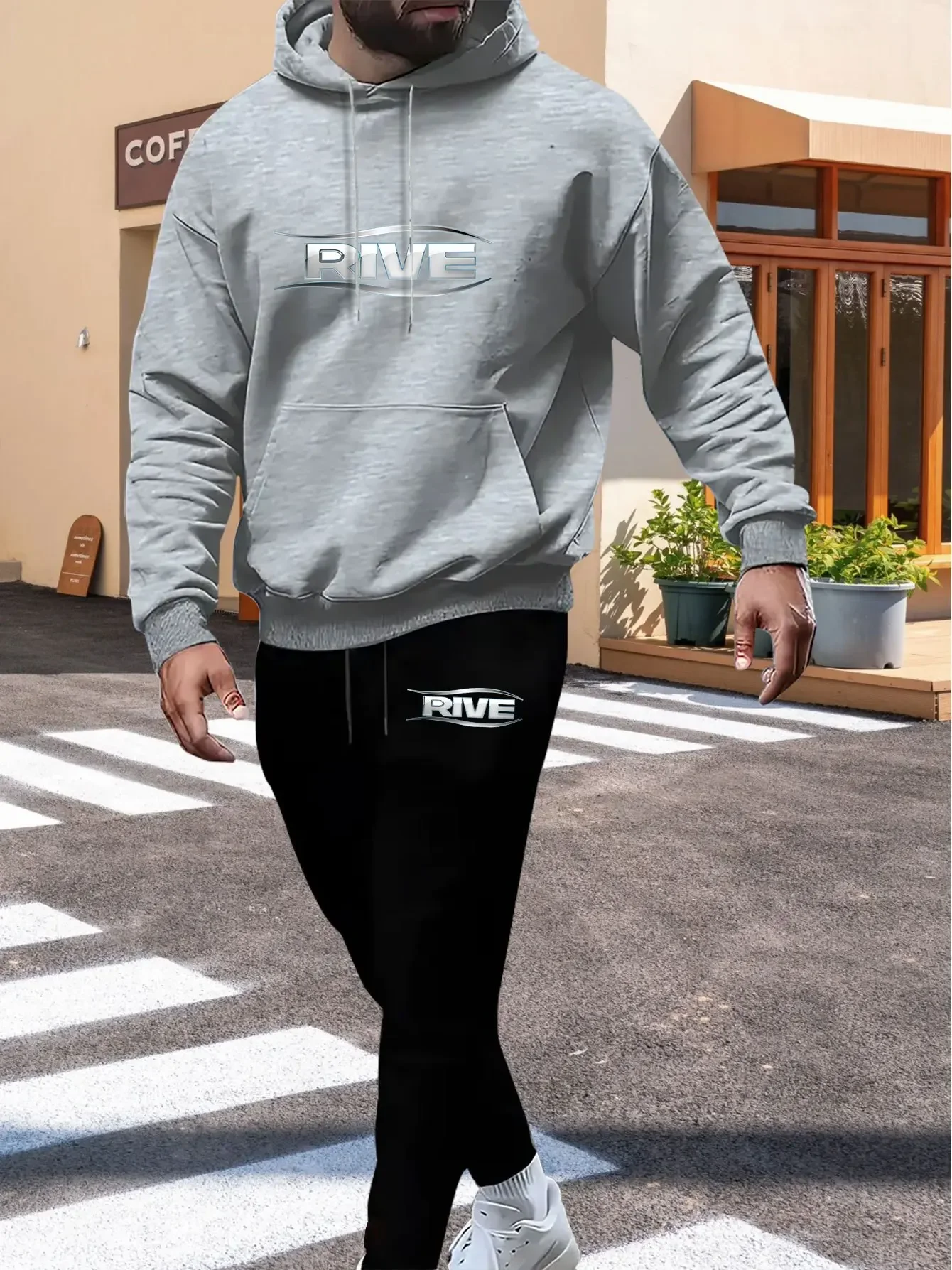 New Men's Fleece Two-Piece Sportswear Set RIVE Metal Letter Print Hooded Sweatshirt Winter Warmth Thick Casual Street Wear