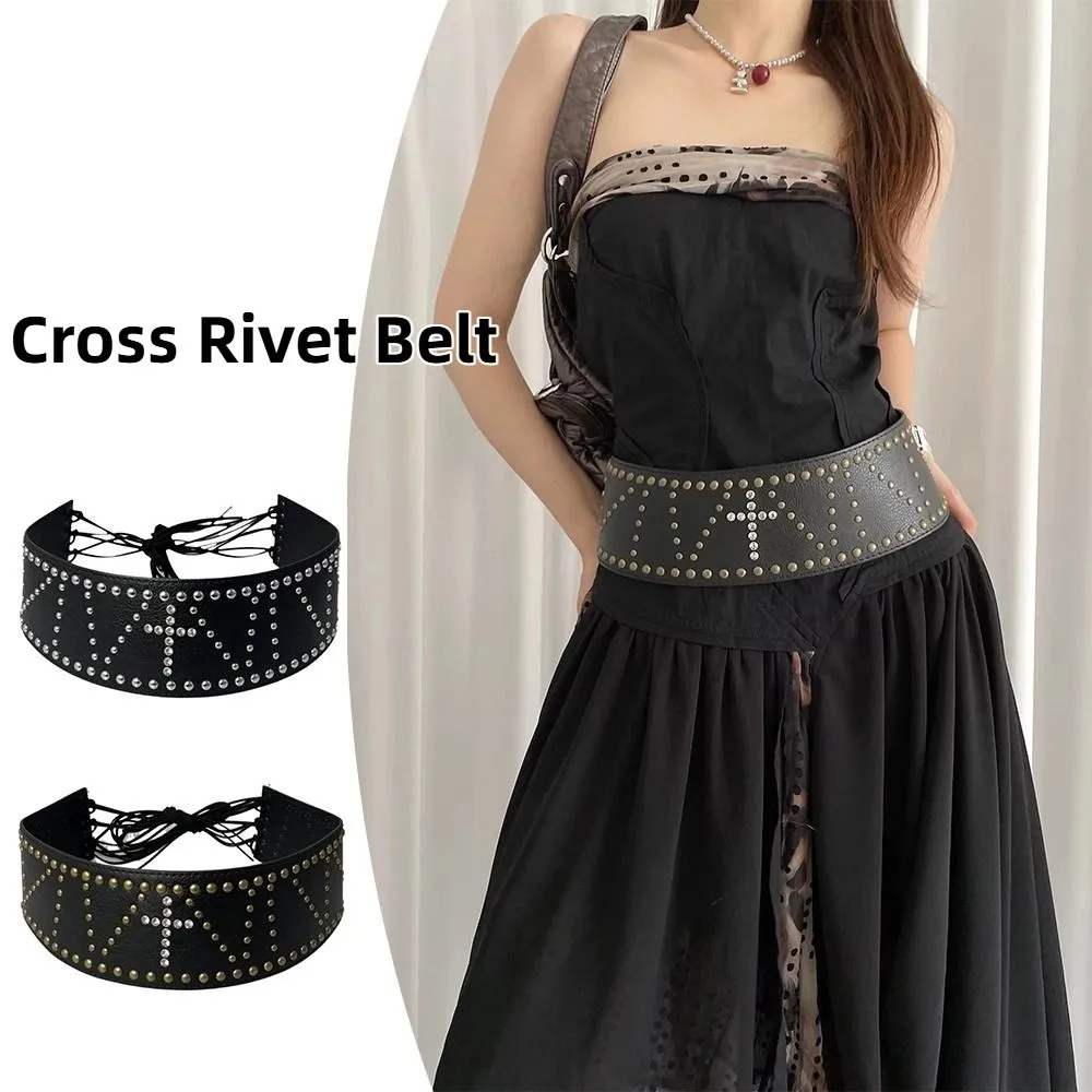 トレンドヴィンテージクロスリベットベルトワイドY2Kレザーウエストベルトヘビーデューティーブラックレディースドレスベルトストリートウェア
