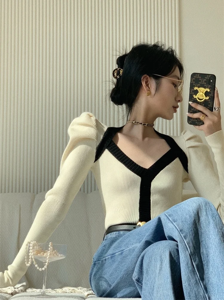 

Ele V-Ne Bubble Sve свитер женский облегающий вязаный топ осень-зима новый Sle Faionable Base Layer irt