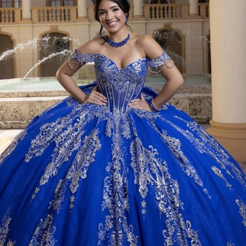 

Royal Blue Quinceanera Dresses off-shoulder Silvery Glitter Decal Crystal Long tail Big Bow Vestido De 15 Quinceanera Customize