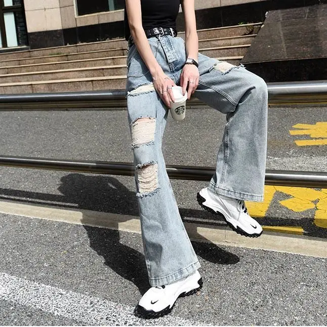 فضفاض مستقيم الساق الجينز المرأة حفرة عالية الخصر ضئيلة رقيقة الصيف الخريف السراويل الطويلة واسعة الساق الطابق طول السراويل