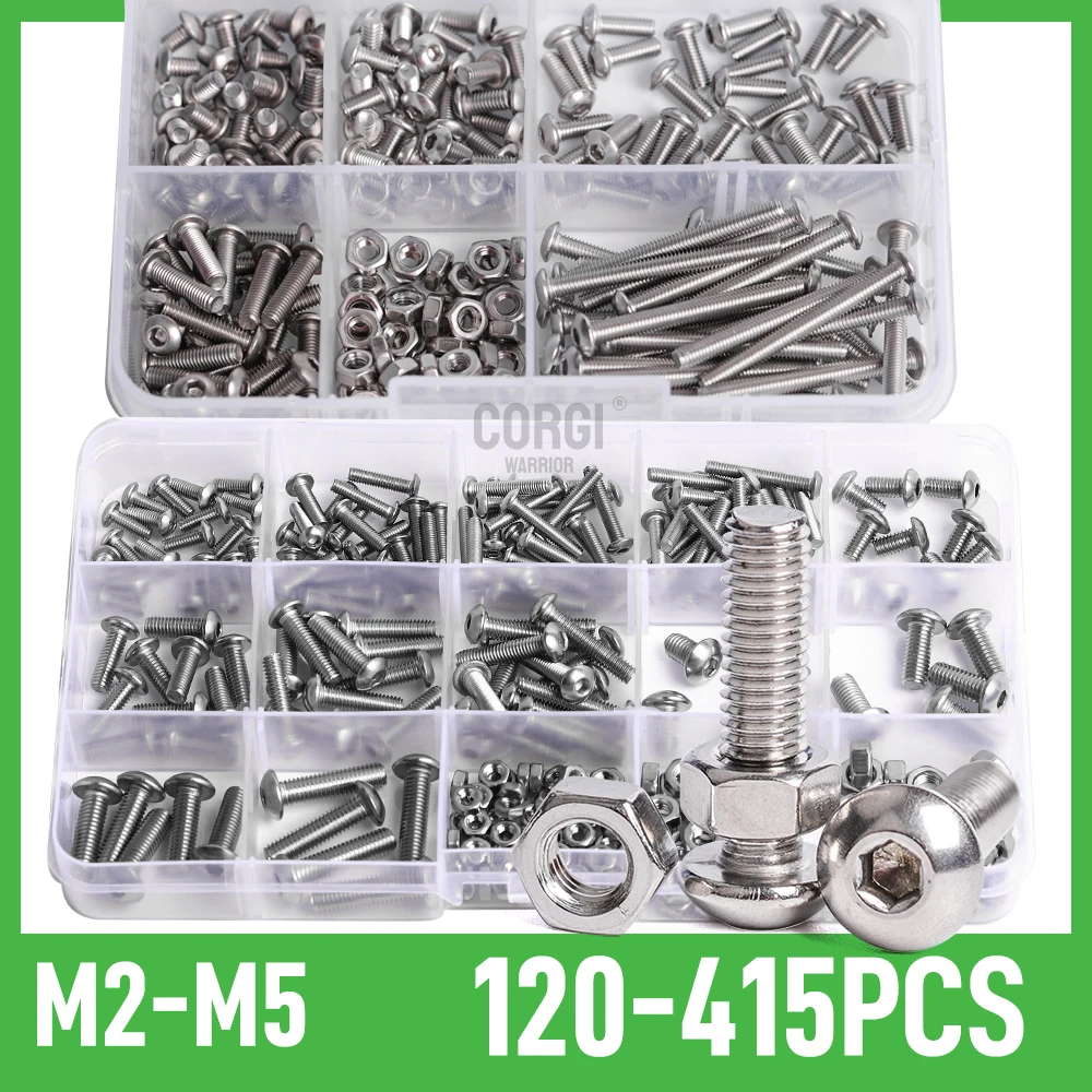 Kepala sekrup soket bulat Kit 120-415 Pcs M2 M2.5 M3 M4 M5 M6 ISO7380 304 baja tahan karat tombol Hex baut Allen bermacam-macam mur