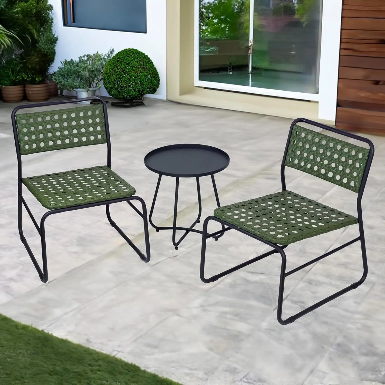 

3-Piece Outdoor Patio Bistro Table and Chairs Set of 2, Rattan Wicker Cast Aluminum Patio Furniture, Green