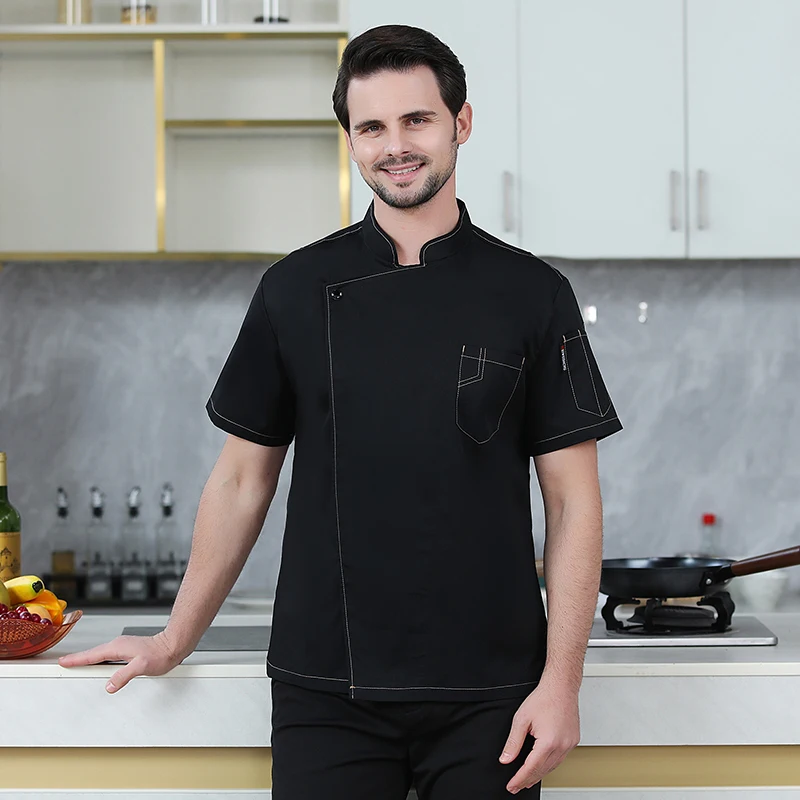 Veste de Chef noire à manches courtes avec logo, uniforme de Chef pour hommes, uniformes de cuisine de Restaurant, chemises, manteau de cuisinier d'été, vêtements de serveur