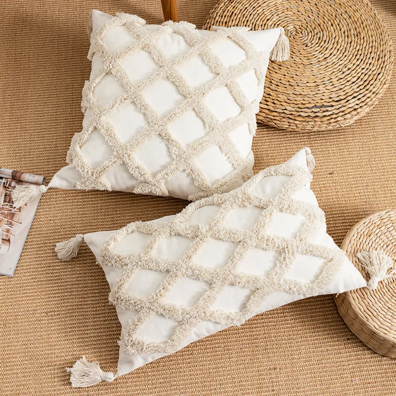 Nordic Beige Tufted Cushion Cover Geometric Diamond Tufted Waist Pillowcase Cotton Canvas Home Sofa Pillow Covers Decorative
